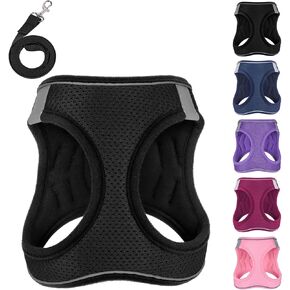 Dog Harness with Leash Set, No-Pull Step-in Reflective Pet Harness with 1 Leash Clips, Adjustable Soft Padded Easy Walk Dog Vest (Black), S(Chest:13.5''-16.0'')