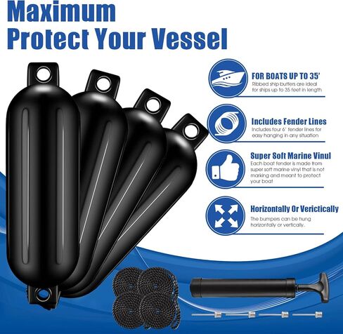 مصدات القوارب للمصدات، 4 قطع، مصدات القوارب البحرية المضلعة القابلة للنفخ تأتي مع حبال وإبر ومضخة للنفخ، مصدات القوارب لرسو السفن in Kuwait