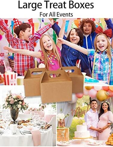 Happyhiram 25 علبة كبيرة من صناديق الجملون باللون البني - حاويات ورق كرافت متينة مقاس 9 × 6 × 6 بوصة للهدايا ووجبات الغداء والكوكيز وحفلات الزفاف في أعياد الميلاد، سهلة التجميع بمقابض in Kuwait