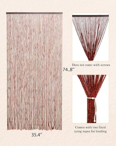 52 Strands Bamboo and Wood Beaded Curtain for Doorway Handmade Natural Doorway Beads Bohemian Bamboo and Wooden Room Devider Hanging Boho Beaded Curtain, Beige Bamboo Joint 35.4" x 74.8" in Saudi Arabia