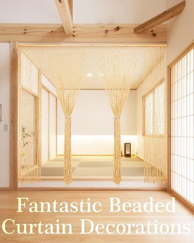 52 Strands Bamboo and Wood Beaded Curtain for Doorway Handmade Natural Doorway Beads Bohemian Bamboo and Wooden Room Devider Hanging Boho Beaded Curtain, Beige Bamboo Joint 35.4" x 74.8" in Saudi Arabia