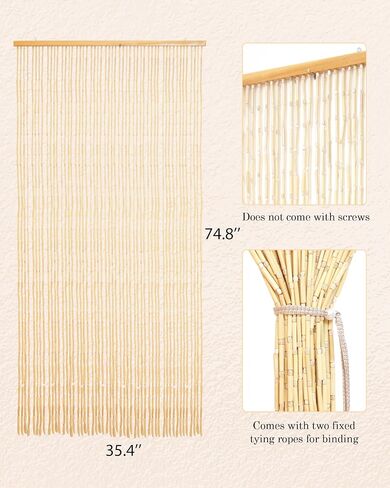 52 Strands Bamboo and Wood Beaded Curtain for Doorway Handmade Natural Doorway Beads Bohemian Bamboo and Wooden Room Devider Hanging Boho Beaded Curtain, Beige Bamboo Joint 35.4" x 74.8" in Saudi Arabia