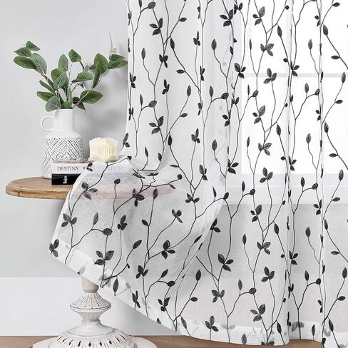 WUBODTI Gothic Black Leaf Sheer Curtains 63 Inch Length for Living Room, Rod Pocket Vine Leaves Embroidered Linen Textured Light Filtering Short Curtain Drapes 2 Panels for Bedroom Small Window in Saudi Arabia