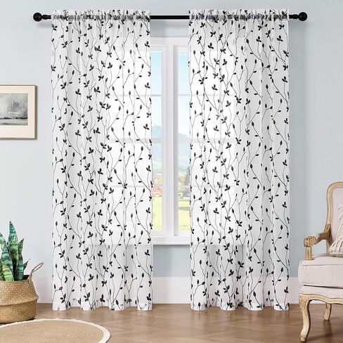 WUBODTI Gothic Black Leaf Sheer Curtains 63 Inch Length for Living Room, Rod Pocket Vine Leaves Embroidered Linen Textured Light Filtering Short Curtain Drapes 2 Panels for Bedroom Small Window in Saudi Arabia