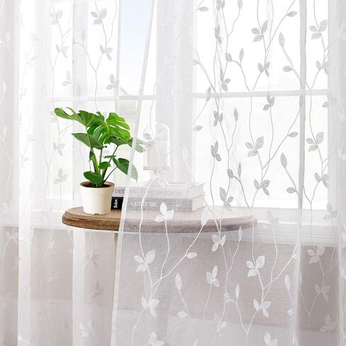 WUBODTI Gothic Black Leaf Sheer Curtains 63 Inch Length for Living Room, Rod Pocket Vine Leaves Embroidered Linen Textured Light Filtering Short Curtain Drapes 2 Panels for Bedroom Small Window in Saudi Arabia