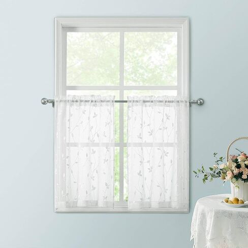WUBODTI Gothic Black Leaf Sheer Curtains 63 Inch Length for Living Room, Rod Pocket Vine Leaves Embroidered Linen Textured Light Filtering Short Curtain Drapes 2 Panels for Bedroom Small Window in Saudi Arabia