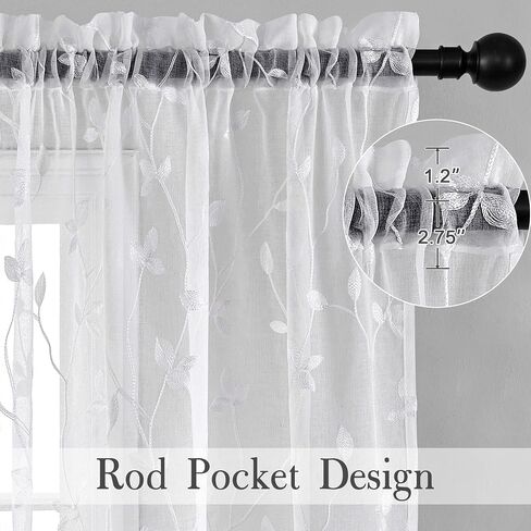WUBODTI Gothic Black Leaf Sheer Curtains 63 Inch Length for Living Room, Rod Pocket Vine Leaves Embroidered Linen Textured Light Filtering Short Curtain Drapes 2 Panels for Bedroom Small Window in Saudi Arabia