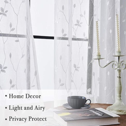 WUBODTI Gothic Black Leaf Sheer Curtains 63 Inch Length for Living Room, Rod Pocket Vine Leaves Embroidered Linen Textured Light Filtering Short Curtain Drapes 2 Panels for Bedroom Small Window in Saudi Arabia