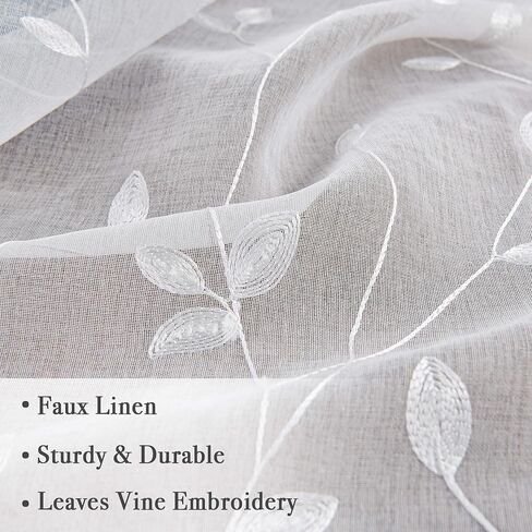 WUBODTI Gothic Black Leaf Sheer Curtains 63 Inch Length for Living Room, Rod Pocket Vine Leaves Embroidered Linen Textured Light Filtering Short Curtain Drapes 2 Panels for Bedroom Small Window in Saudi Arabia