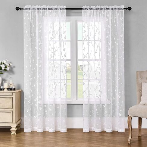 WUBODTI Gothic Black Leaf Sheer Curtains 63 Inch Length for Living Room, Rod Pocket Vine Leaves Embroidered Linen Textured Light Filtering Short Curtain Drapes 2 Panels for Bedroom Small Window in Saudi Arabia