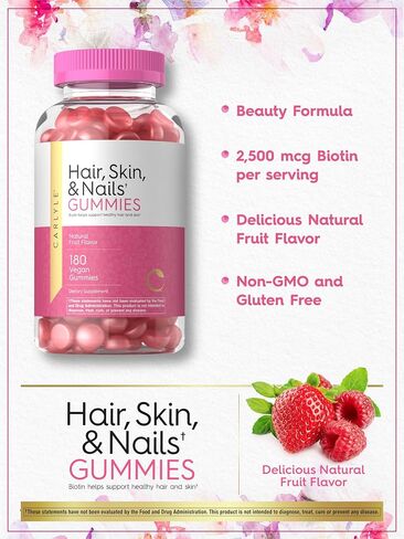 Carlyle Hair, Skin and Nails Gummies | 180 Count | Fruit Flavor Gummy Vitamins | with Biotin | Non-GMO, Gluten Free in Saudi Arabia