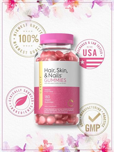 Carlyle Hair, Skin and Nails Gummies | 180 Count | Fruit Flavor Gummy Vitamins | with Biotin | Non-GMO, Gluten Free in Saudi Arabia