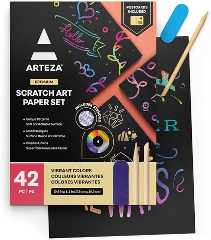 ورق خدش Arteza، مجموعة من 42 ورقة، 10.9 × 8.2 بوصة، تتضمن 4 أنماط فريدة، 4 أدوات خدش، 4 استنسل، 4 بطاقات بريدية، لوازم فنية لمشاريع الحرف اليدوية والمشروعات اليدوية in Saudi Arabia