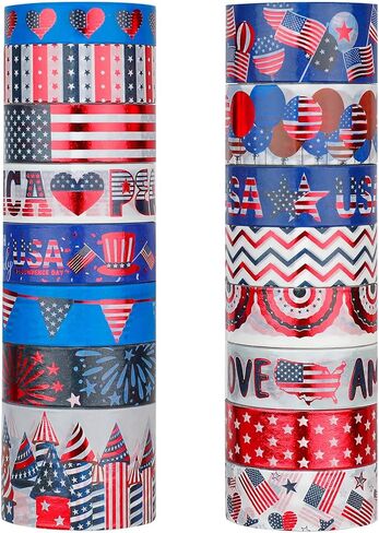 مجموعة أشرطة واشي في الرابع من يوليو من AEBORN - أشرطة زخرفية من رقائق معدنية مع خطوط نجوم باللون الأحمر والأبيض والأزرق والعلم الأمريكي، مثالية لتدوين الرصاصات والحرف اليدوية في يوم الاستقلال in Kuwait