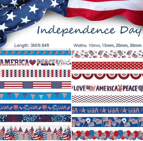 مجموعة أشرطة واشي في الرابع من يوليو من AEBORN - أشرطة زخرفية من رقائق معدنية مع خطوط نجوم باللون الأحمر والأبيض والأزرق والعلم الأمريكي، مثالية لتدوين الرصاصات والحرف اليدوية في يوم الاستقلال in Kuwait