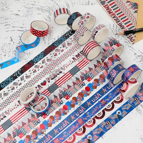 مجموعة أشرطة واشي في الرابع من يوليو من AEBORN - أشرطة زخرفية من رقائق معدنية مع خطوط نجوم باللون الأحمر والأبيض والأزرق والعلم الأمريكي، مثالية لتدوين الرصاصات والحرف اليدوية في يوم الاستقلال in Kuwait