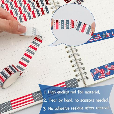 مجموعة أشرطة واشي في الرابع من يوليو من AEBORN - أشرطة زخرفية من رقائق معدنية مع خطوط نجوم باللون الأحمر والأبيض والأزرق والعلم الأمريكي، مثالية لتدوين الرصاصات والحرف اليدوية في يوم الاستقلال in Kuwait