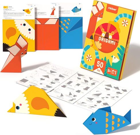 MiDeer Colorful Origami Kit 50 Pcs, Origami Paper for Kids with Craft Guiding Book, Step by Step Origami Book Origami Kit for Beginners for Toddlers, Brain Development Origami Set for Kids - Level 01 in Kuwait