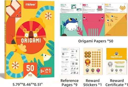 MiDeer Colorful Origami Kit 50 Pcs, Origami Paper for Kids with Craft Guiding Book, Step by Step Origami Book Origami Kit for Beginners for Toddlers, Brain Development Origami Set for Kids - Level 01 in Kuwait
