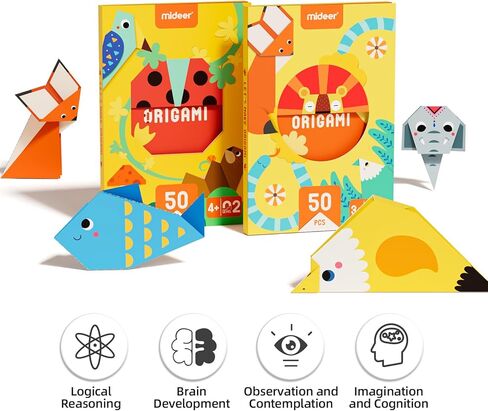 MiDeer Colorful Origami Kit 50 Pcs, Origami Paper for Kids with Craft Guiding Book, Step by Step Origami Book Origami Kit for Beginners for Toddlers, Brain Development Origami Set for Kids - Level 01 in Kuwait