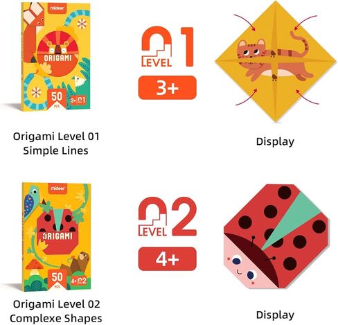MiDeer Colorful Origami Kit 50 Pcs, Origami Paper for Kids with Craft Guiding Book, Step by Step Origami Book Origami Kit for Beginners for Toddlers, Brain Development Origami Set for Kids - Level 01 in Kuwait