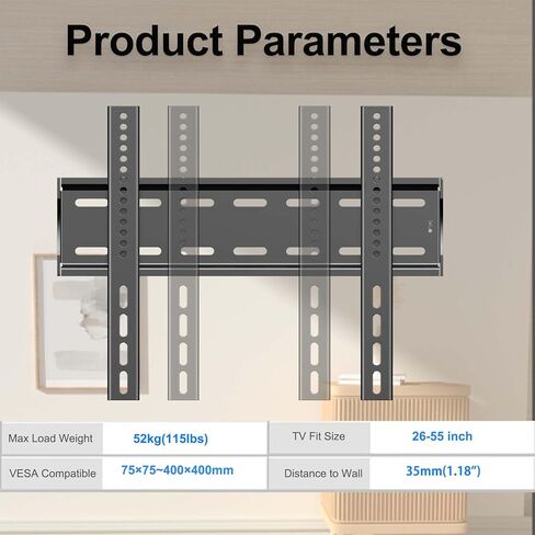 حامل تلفزيون ثابت على الحائط لمعظم أجهزة التلفاز المنحنية المسطحة LED LCD OLED مقاس 26-55 بوصة، 32 42 43 50 بوصة حامل تلفزيون على الحائط فائق النحافة بحد أقصى VESA 400 × 400 مم يتحمل ما يصل إلى 115 رطلاً حامل تلفزيون عالمي منخفض المستوى in Kuwait