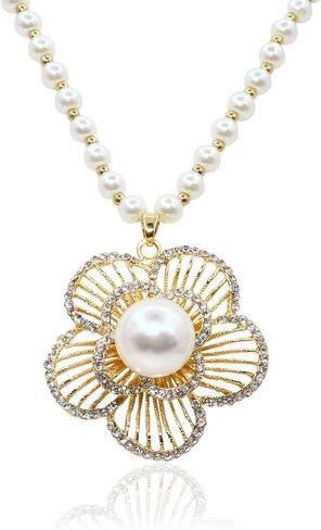 Long Crystal Flower Pendant Necklace for Women Large Rhinestone Floral Pendant Pearl Beaded Necklaces Gold Plated Sweater Statement Necklace Fashion Jewelry for Women Girl in Saudi Arabia