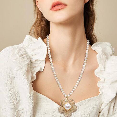 Long Crystal Flower Pendant Necklace for Women Large Rhinestone Floral Pendant Pearl Beaded Necklaces Gold Plated Sweater Statement Necklace Fashion Jewelry for Women Girl in Saudi Arabia