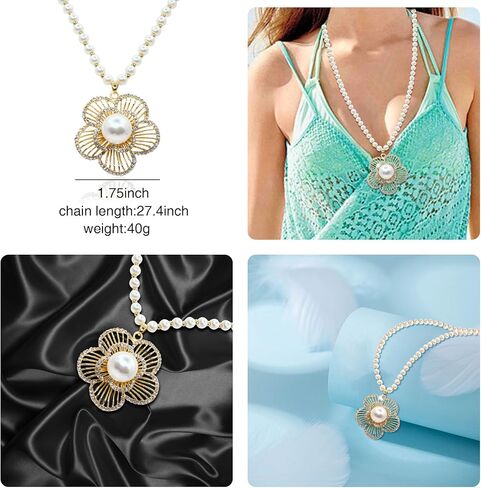 Long Crystal Flower Pendant Necklace for Women Large Rhinestone Floral Pendant Pearl Beaded Necklaces Gold Plated Sweater Statement Necklace Fashion Jewelry for Women Girl in Saudi Arabia