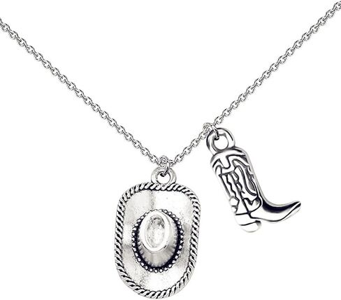 Cowgirl Cowboy Boot Hat Pendant Necklace Silver Plated Boho Personalized Texas Boots Adjustable Chain Necklace for Cool Man Women Boys Girls Western Style Country Girl Birthday Party Fashion Jewelry Gifts in Kuwait