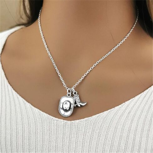 Cowgirl Cowboy Boot Hat Pendant Necklace Silver Plated Boho Personalized Texas Boots Adjustable Chain Necklace for Cool Man Women Boys Girls Western Style Country Girl Birthday Party Fashion Jewelry Gifts in Kuwait
