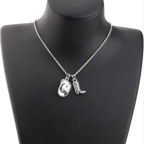 Cowgirl Cowboy Boot Hat Pendant Necklace Silver Plated Boho Personalized Texas Boots Adjustable Chain Necklace for Cool Man Women Boys Girls Western Style Country Girl Birthday Party Fashion Jewelry Gifts in Kuwait