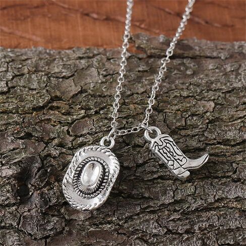 Cowgirl Cowboy Boot Hat Pendant Necklace Silver Plated Boho Personalized Texas Boots Adjustable Chain Necklace for Cool Man Women Boys Girls Western Style Country Girl Birthday Party Fashion Jewelry Gifts in Kuwait