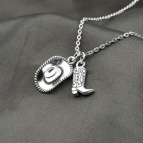 Cowgirl Cowboy Boot Hat Pendant Necklace Silver Plated Boho Personalized Texas Boots Adjustable Chain Necklace for Cool Man Women Boys Girls Western Style Country Girl Birthday Party Fashion Jewelry Gifts in Kuwait