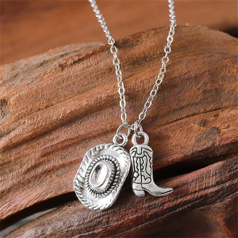 Cowgirl Cowboy Boot Hat Pendant Necklace Silver Plated Boho Personalized Texas Boots Adjustable Chain Necklace for Cool Man Women Boys Girls Western Style Country Girl Birthday Party Fashion Jewelry Gifts in Kuwait