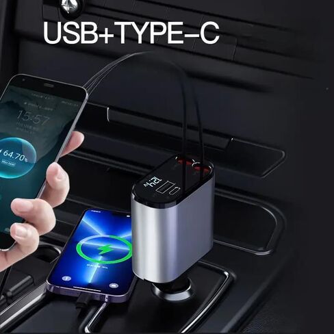 شاحن سيارة بكابلات قابلة للسحب، USB A وأحدث نوع C، شاحن سيارة سريع متعدد المنافذ 4 في 1 لأجهزة iPhone وAndroid in Saudi Arabia