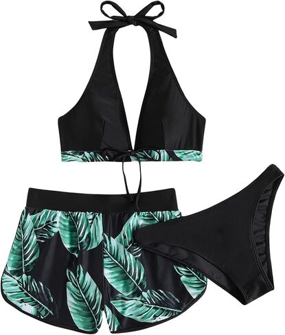 GORGLITTER Women's 3 Piece Tropical Swimsuit Triangle Halter Tops High Waisted Thong Bikini Set with Swim Shorts in Saudi Arabia