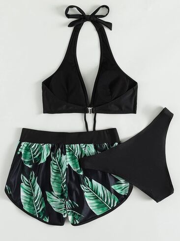GORGLITTER Women's 3 Piece Tropical Swimsuit Triangle Halter Tops High Waisted Thong Bikini Set with Swim Shorts in Saudi Arabia