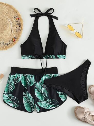 GORGLITTER Women's 3 Piece Tropical Swimsuit Triangle Halter Tops High Waisted Thong Bikini Set with Swim Shorts in Saudi Arabia