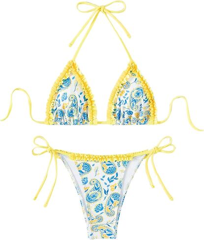 WDIRARA Women's 2 Piece Floral Halter Ruffled Trim Triangle Swimsuit Tie Back Cheeky Bikini Set in Saudi Arabia