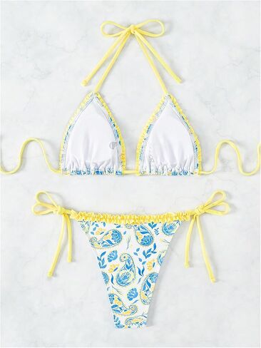 WDIRARA Women's 2 Piece Floral Halter Ruffled Trim Triangle Swimsuit Tie Back Cheeky Bikini Set in Saudi Arabia
