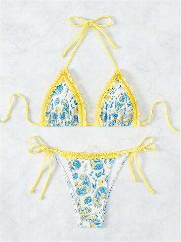 WDIRARA Women's 2 Piece Floral Halter Ruffled Trim Triangle Swimsuit Tie Back Cheeky Bikini Set in Saudi Arabia