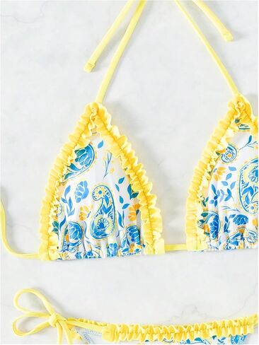 WDIRARA Women's 2 Piece Floral Halter Ruffled Trim Triangle Swimsuit Tie Back Cheeky Bikini Set in Saudi Arabia