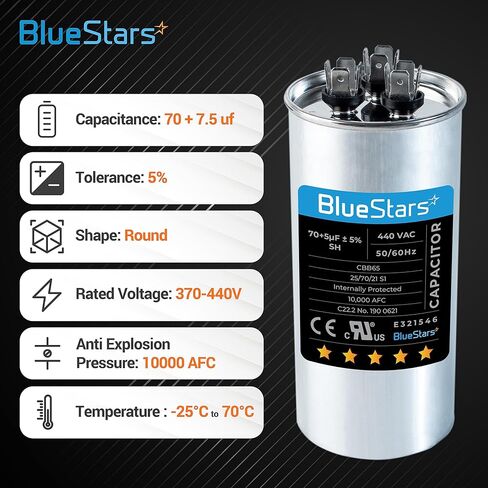 BlueStars فائق التحمل 70+5 فائق التوهج ±5% 70/5 MFD 370/440 VAC مكثف دائري لبدء التشغيل المزدوج لمكيف الهواء المستقيم البارد أو الحراري in Kuwait