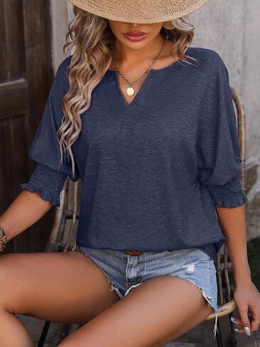 TAKEYAL Women's 2024 Fashion 3/4 Sleeve V Neck T-Shirts Cute Spring Summer Business Dressy Blouses Solid Basic Tee Tops in Kuwait