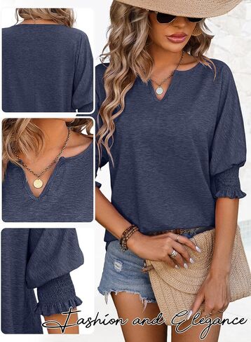 TAKEYAL Women's 2024 Fashion 3/4 Sleeve V Neck T-Shirts Cute Spring Summer Business Dressy Blouses Solid Basic Tee Tops in Kuwait