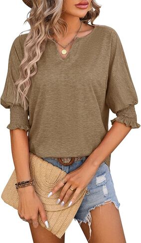 TAKEYAL Women's 2024 Fashion 3/4 Sleeve V Neck T-Shirts Cute Spring Summer Business Dressy Blouses Solid Basic Tee Tops in Kuwait
