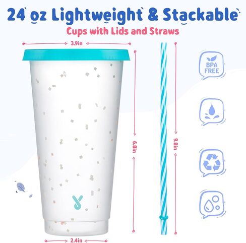 Meoky Confetti Color Changing Cups with Lids and Straws for Iced Coffee, Party, Pool - 6 Pack 24oz Reusable Plastic Tumblers for Kids and Adults in Saudi Arabia