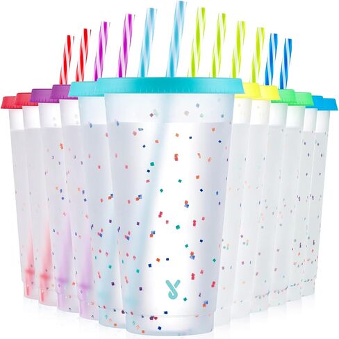 Meoky Confetti Color Changing Cups with Lids and Straws for Iced Coffee, Party, Pool - 6 Pack 24oz Reusable Plastic Tumblers for Kids and Adults in Saudi Arabia
