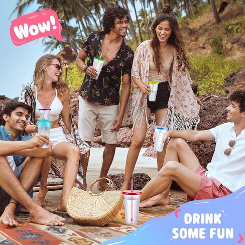 Meoky Confetti Color Changing Cups with Lids and Straws for Iced Coffee, Party, Pool - 6 Pack 24oz Reusable Plastic Tumblers for Kids and Adults in Saudi Arabia